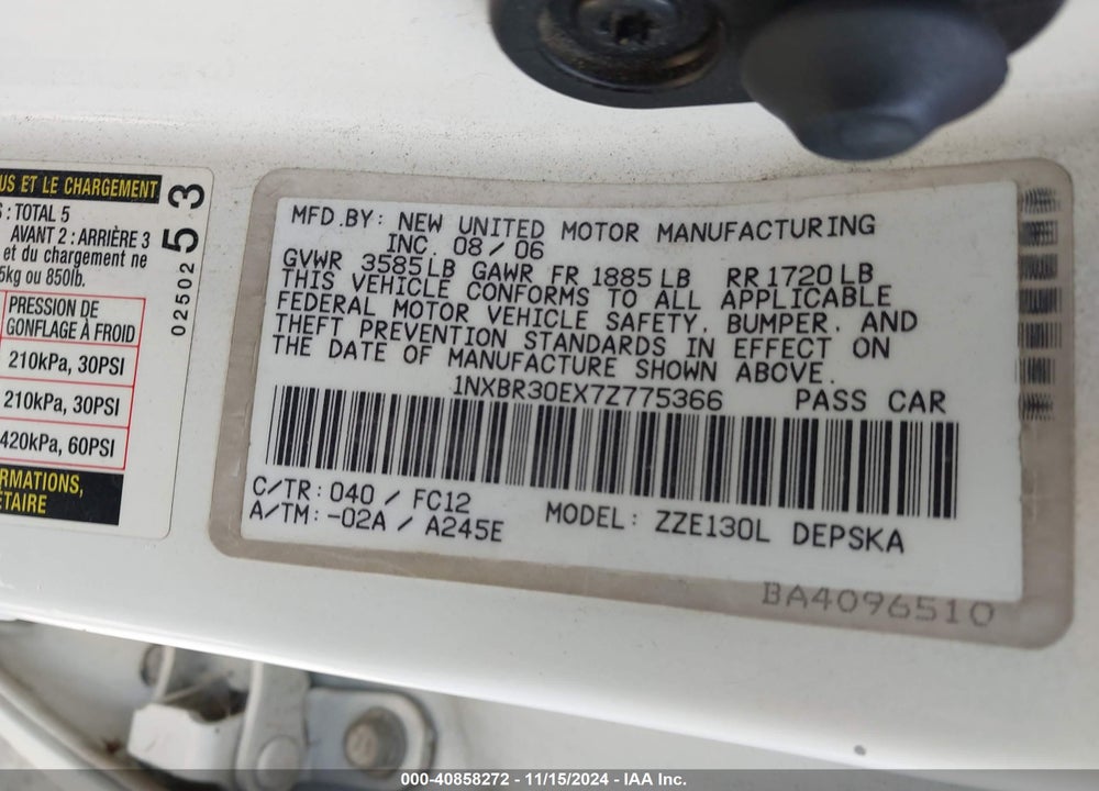 2007 TOYOTA COROLLA S VIN: 1NXBR30EX7Z775366