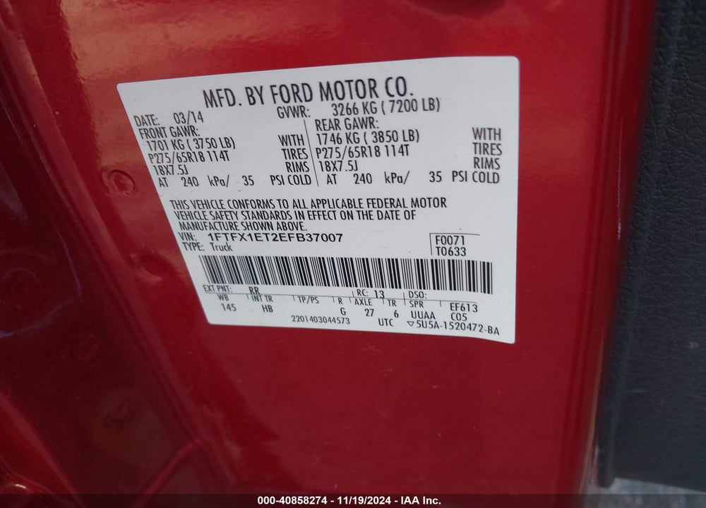 2014 FORD F-150 LARIAT VIN: 1FTFX1ET2EFB37007