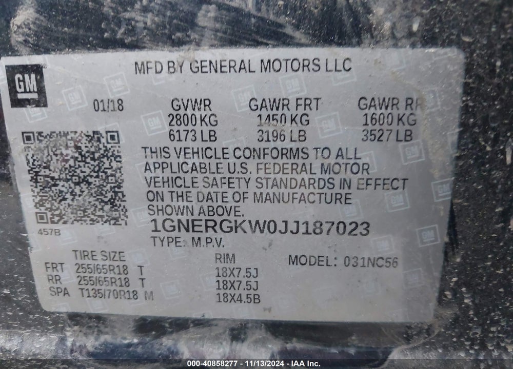 2018 CHEVROLET TRAVERSE 1LT VIN: 1GNERGKW0JJ187023