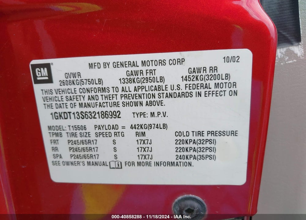 2003 GMC ENVOY SLT VIN: 1GKDT13S632186992