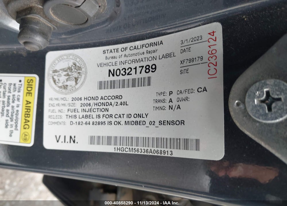 2006 HONDA ACCORD 2.4 SE VIN: 1HGCM56336A068913