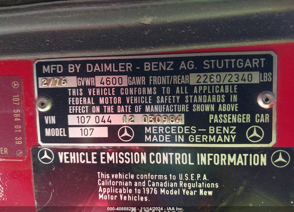 1976 MERCEDES-BENZ OTHER VIN: 00010704412030984
