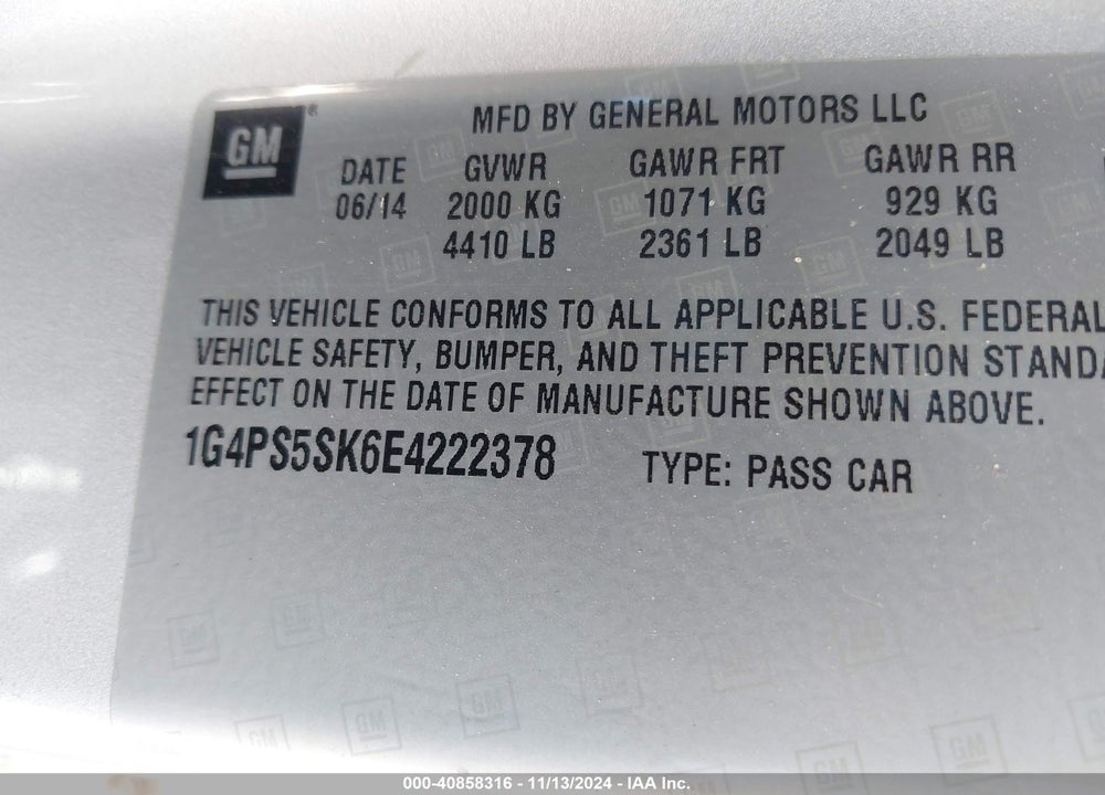 2014 BUICK VERANO LEATHER GROUP VIN: 1G4PS5SK6E4222378