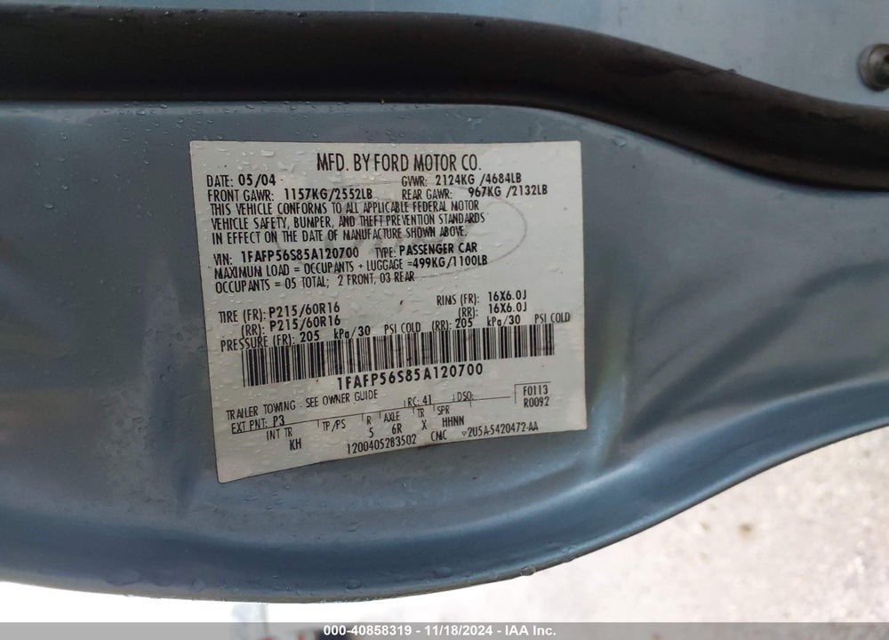 2005 FORD TAURUS SEL VIN: 1FAFP56S85A120700