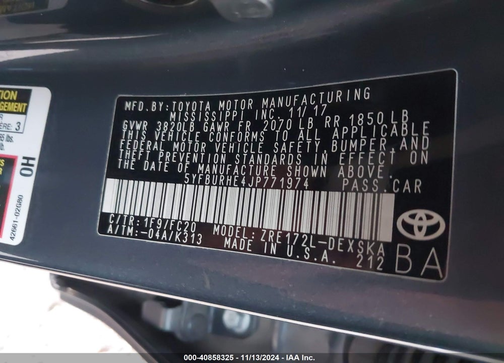 2018 TOYOTA COROLLA SE VIN: 5YFBURHE4JP771974
