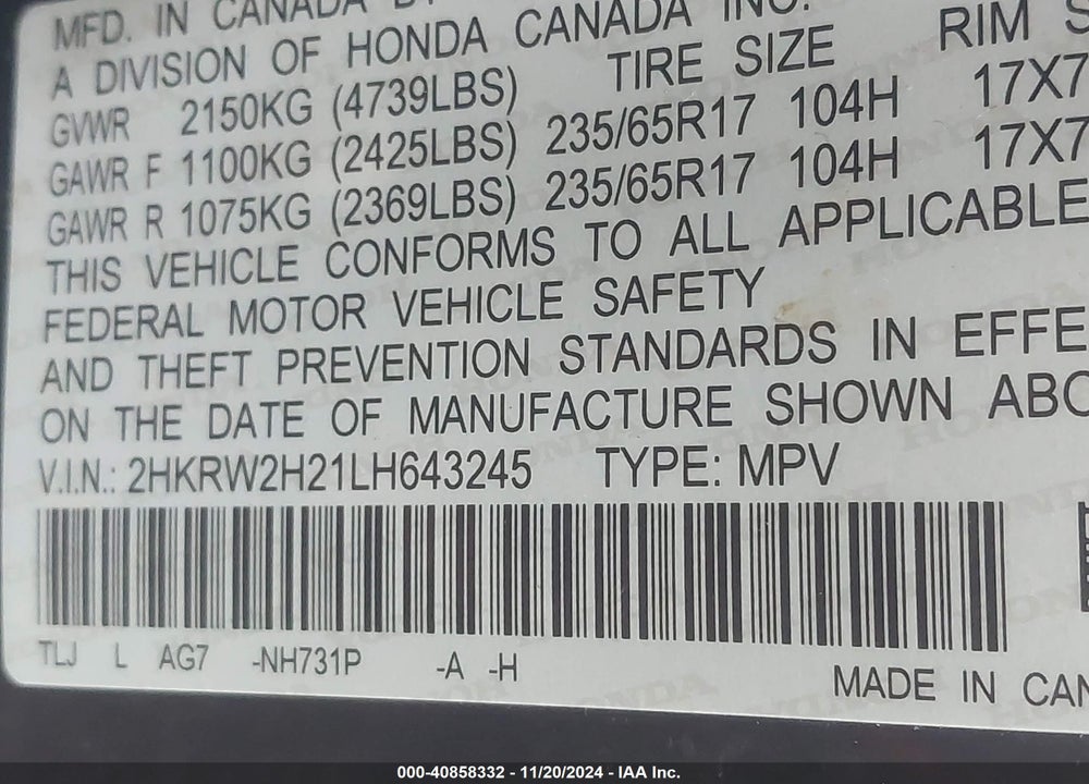 2020 HONDA CR-V AWD LX VIN: 2HKRW2H21LH643245