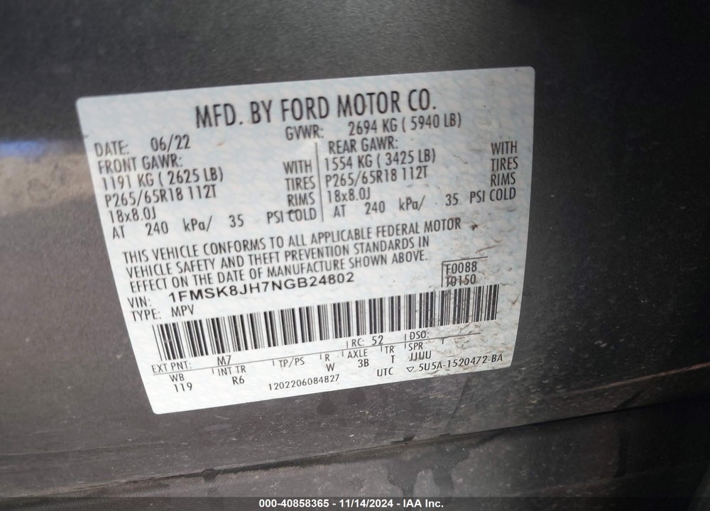 2022 FORD EXPLORER TIMBERLINE VIN: 1FMSK8JH7NGB24802