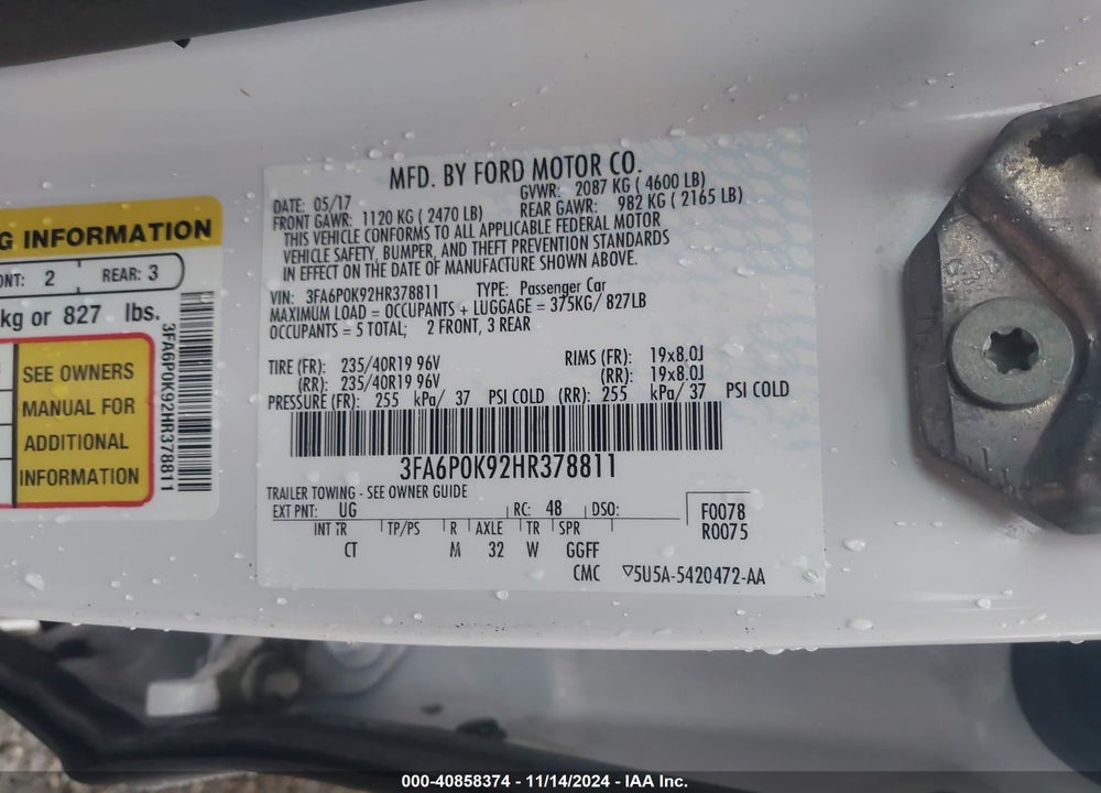 2017 FORD FUSION VIN: 3FA6P0K92HR378811