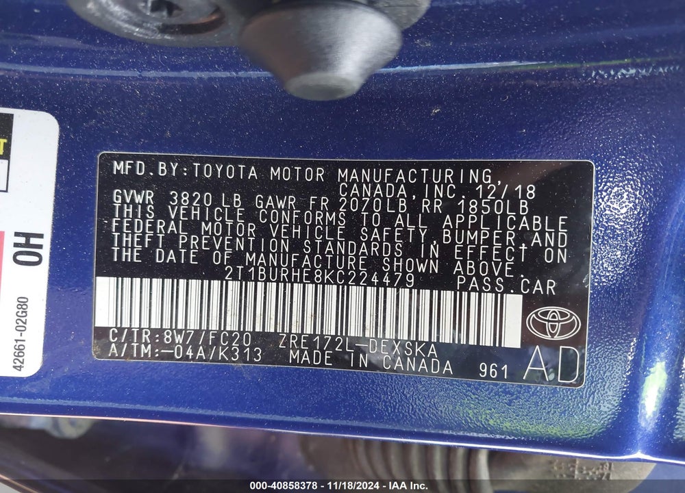 2019 TOYOTA COROLLA L/LE/XLE/SE/XSE VIN: 2T1BURHE8KC224479