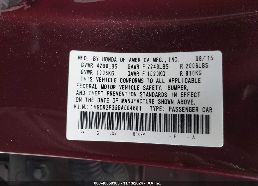 2016 HONDA ACCORD LX VIN: 1HGCR2F35GA004681