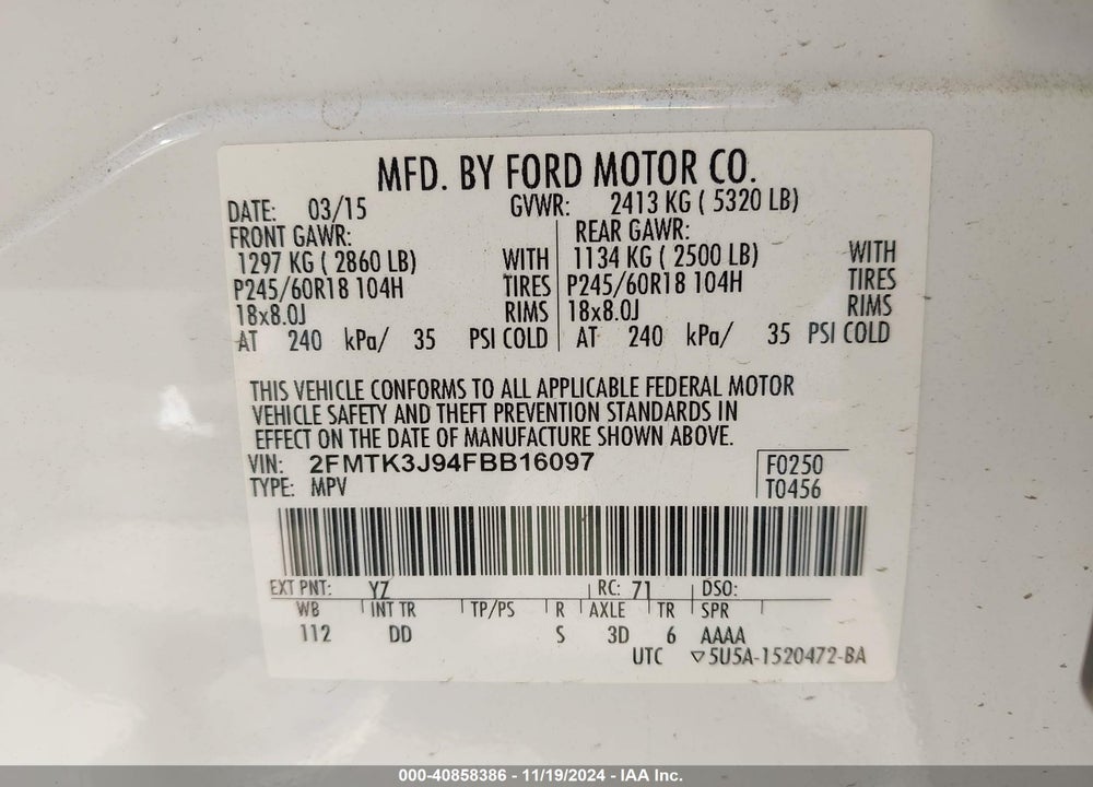 2015 FORD EDGE SEL VIN: 2FMTK3J94FBB16097