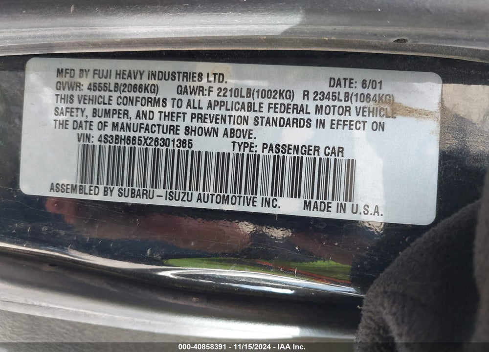 2002 SUBARU OUTBACK VIN: 4S3BH665X26301365