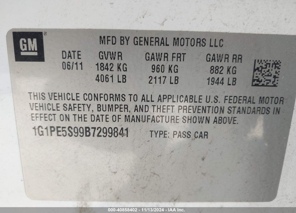 2011 CHEVROLET CRUZE LT VIN: 1G1PE5S99B7299841