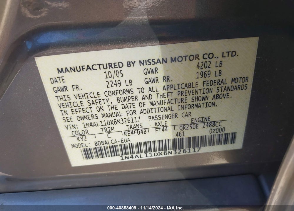 2006 NISSAN ALTIMA 2.5 S VIN: 1N4AL11DX6N326117
