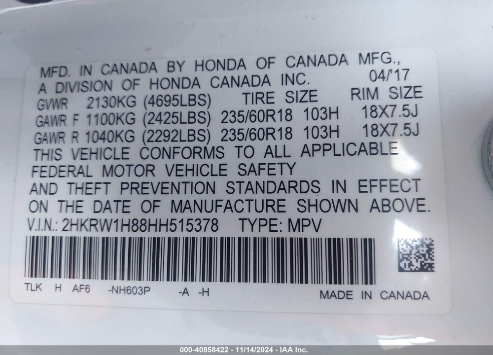 2017 HONDA CR-V EX-L/EX-L NAVI VIN: 2HKRW1H88HH515378