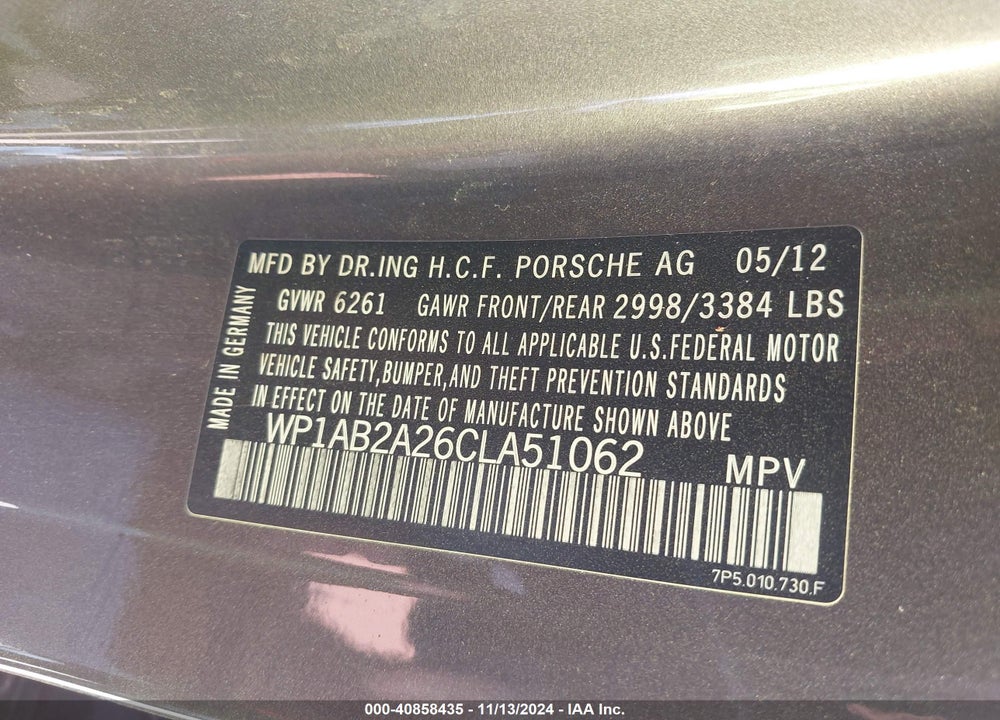 2012 PORSCHE CAYENNE VIN: WP1AB2A26CLA51062
