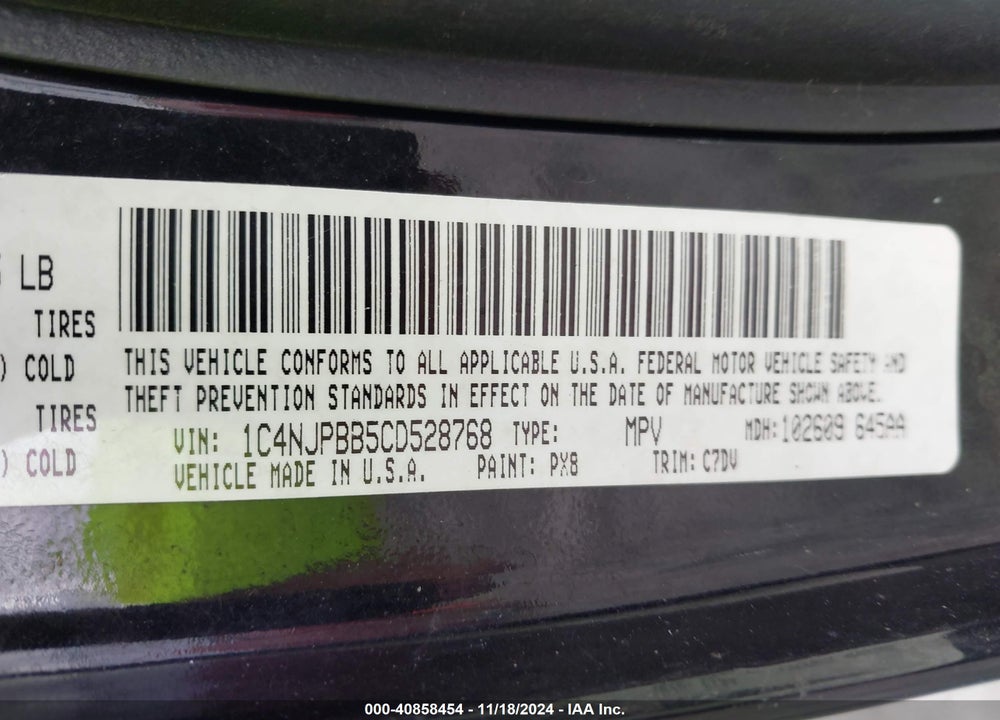 2012 JEEP PATRIOT SPORT VIN: 1C4NJPBB5CD528768