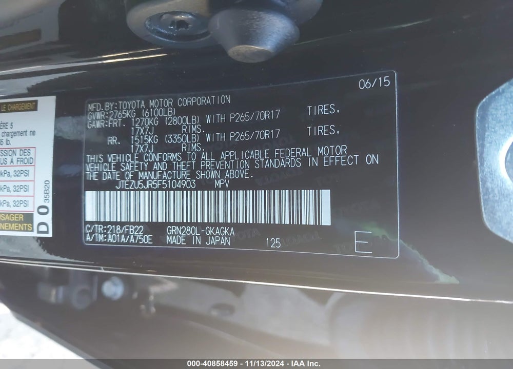 2015 TOYOTA 4RUNNER SR5 VIN: JTEZU5JR5F5104903