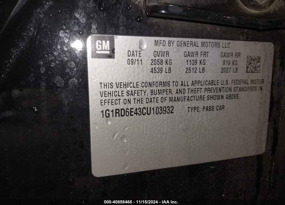 2012 CHEVROLET VOLT VIN: 1G1RD6E43CU103932