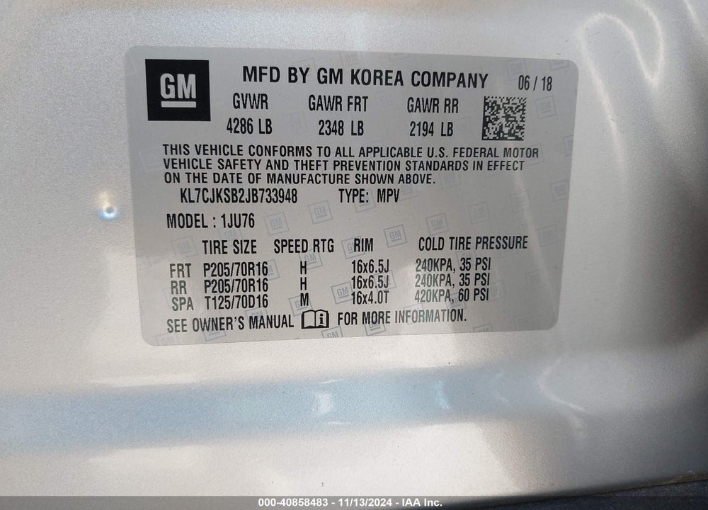 2018 CHEVROLET TRAX LS VIN: KL7CJKSB2JB733948