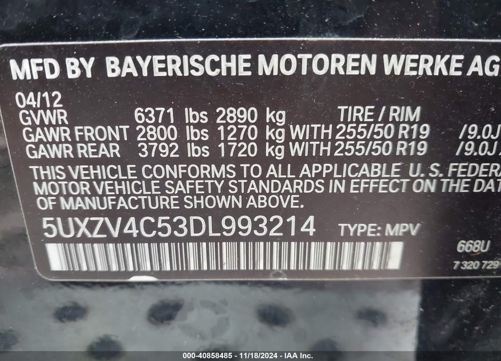 2013 BMW X5 XDRIVE35I/XDRIVE35I PREMIUM/XDRIVE35I SPORT ACTIVITY VIN: 5UXZV4C53DL993214