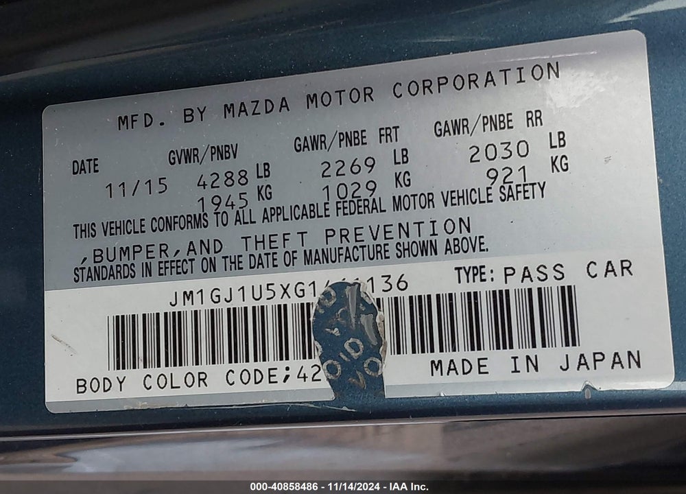 2016 MAZDA 6 I SPORT VIN: JM1GJ1U5XG1461136
