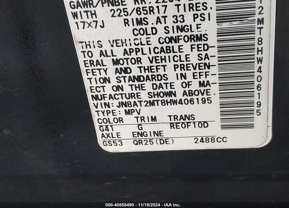 2017 NISSAN ROGUE SV VIN: JN8AT2MT8HW406195