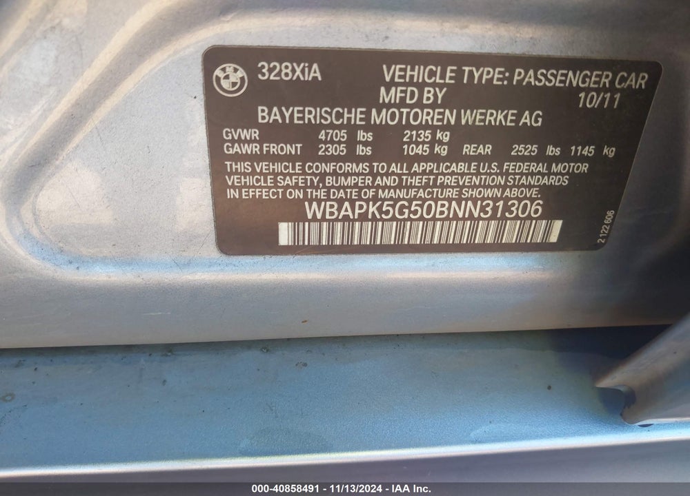 2011 BMW 328I XDRIVE VIN: WBAPK5G50BNN31306
