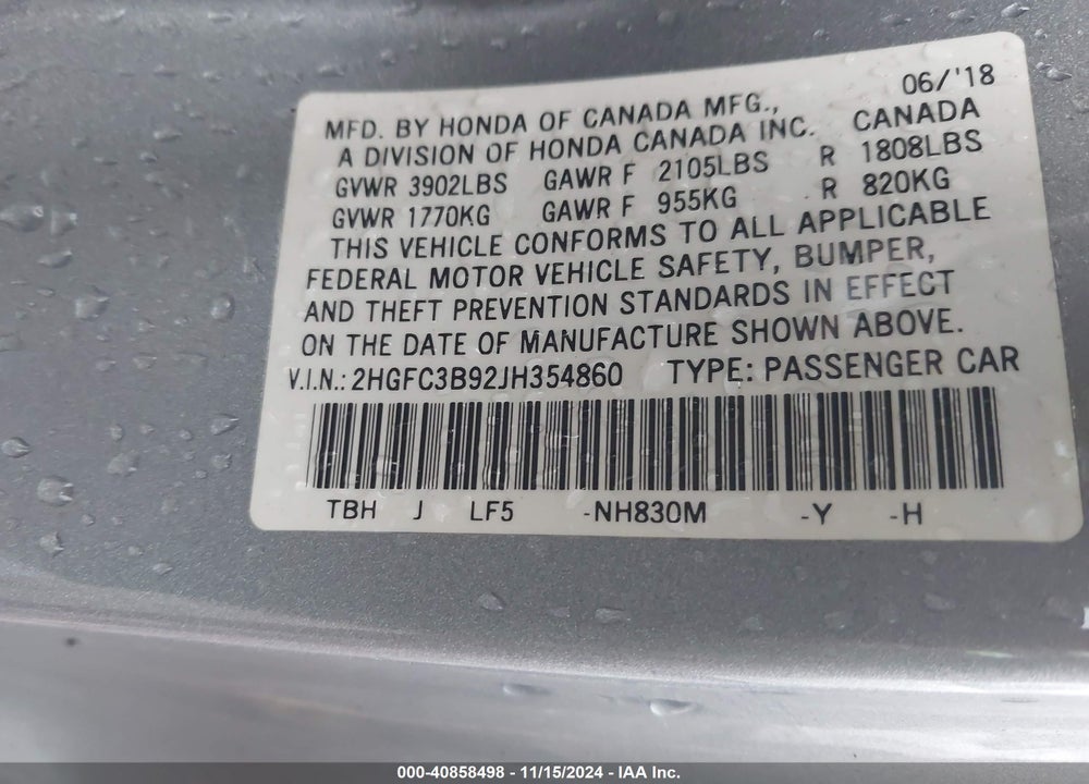 2018 HONDA CIVIC TOURING VIN: 2HGFC3B92JH354860