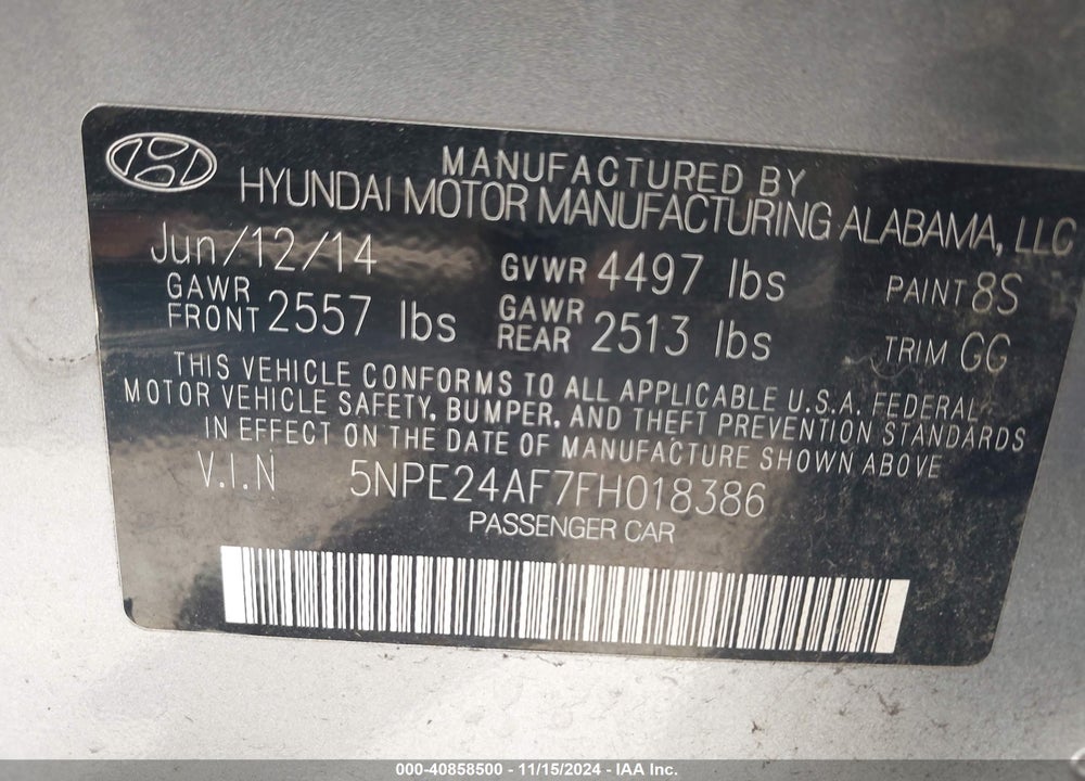 2015 HYUNDAI SONATA SE VIN: 5NPE24AF7FH018386