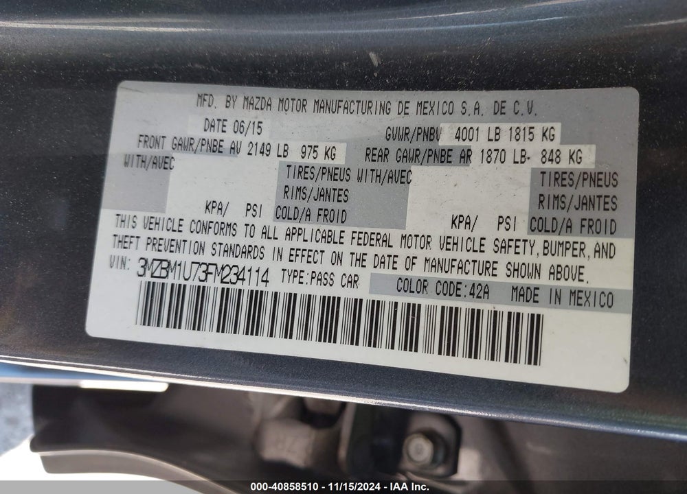 2015 MAZDA 3 I SPORT VIN: 3MZBM1U73FM234114