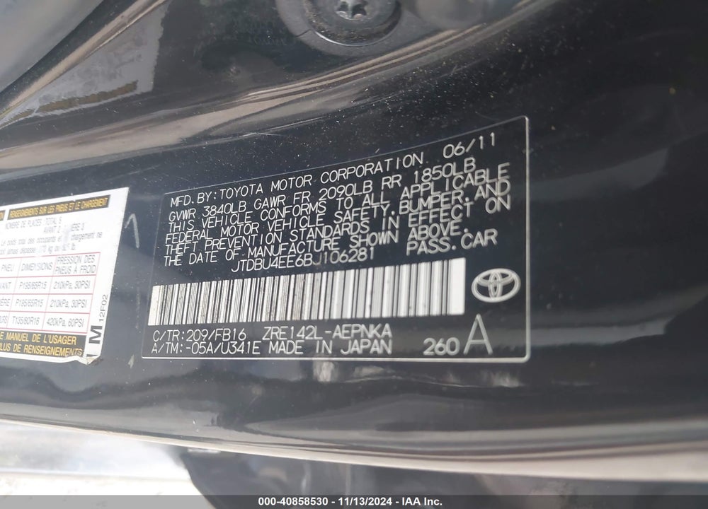 2011 TOYOTA COROLLA LE VIN: JTDBU4EE6BJ106281