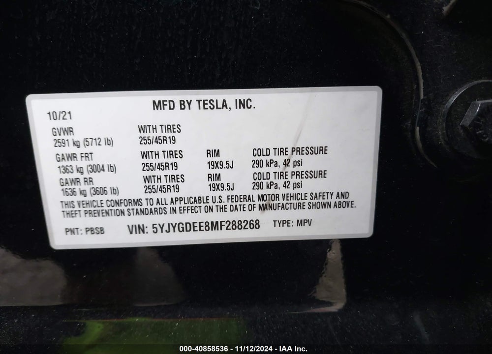 2021 TESLA MODEL Y LONG RANGE DUAL MOTOR ALL-WHEEL DRIVE VIN: 5YJYGDEE8MF288268