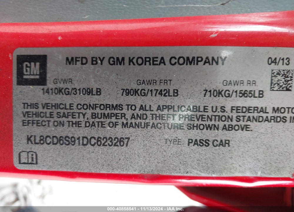 2013 CHEVROLET SPARK VIN: KL8CD6S91DC623267