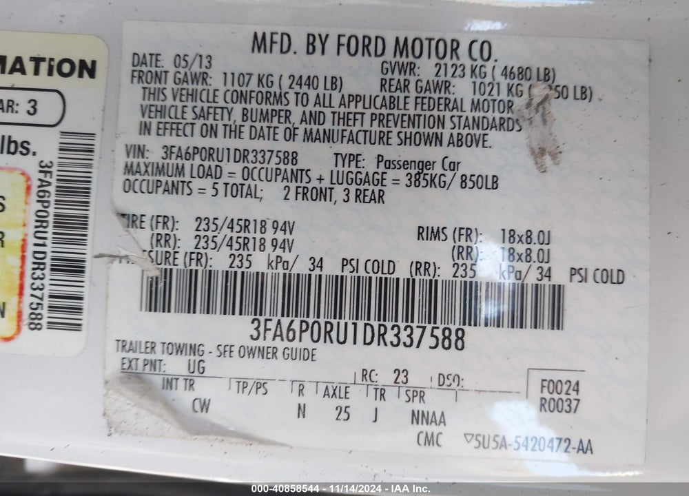 2013 FORD FUSION HYBRID TITANIUM VIN: 3FA6P0RU1DR337588