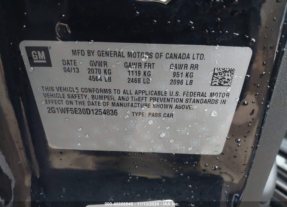 2013 CHEVROLET IMPALA LS VIN: 2G1WF5E30D1254836