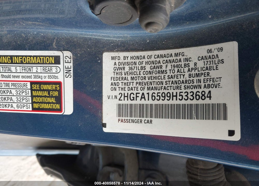 2009 HONDA CIVIC LX VIN: 2HGFA16599H533684