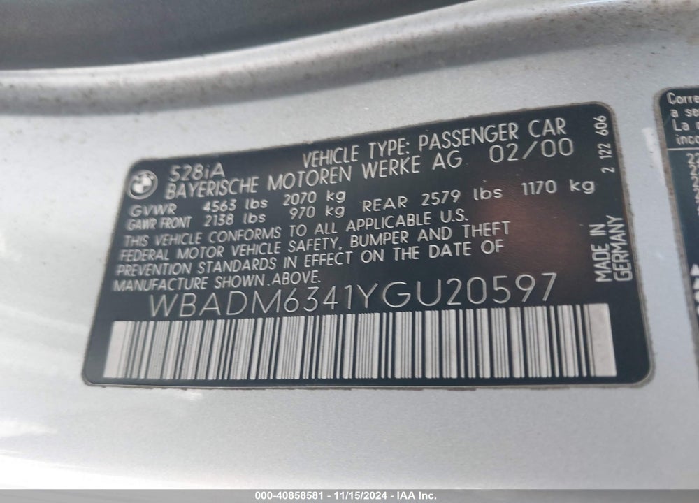 2000 BMW 528IA VIN: WBADM6341YGU20597