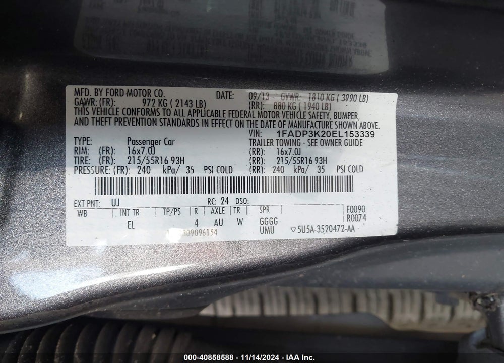 2014 FORD FOCUS SE VIN: 1FADP3K20EL153339