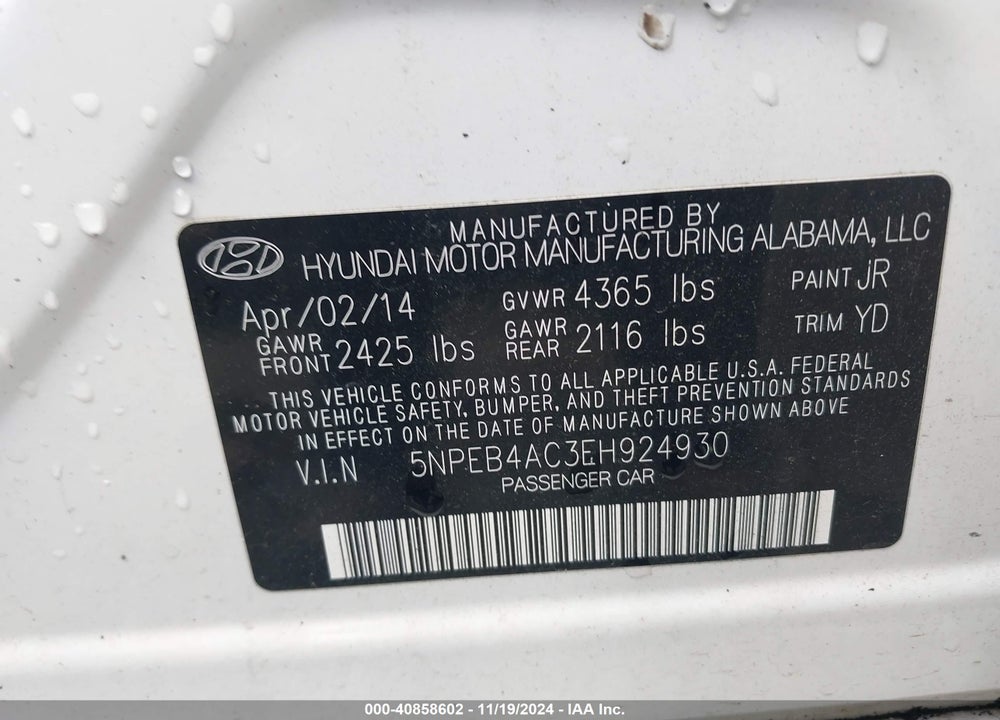 2014 HYUNDAI SONATA VIN: 5NPEB4AC3EH924930