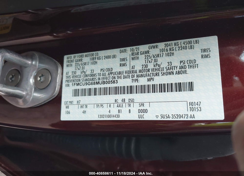 2021 FORD ESCAPE SE VIN: 1FMCU9G68MUB00583