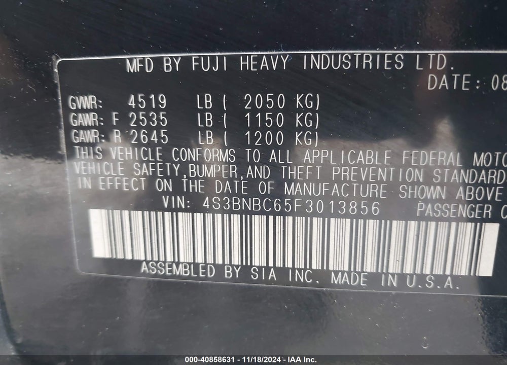2015 SUBARU LEGACY 2.5I PREMIUM VIN: 4S3BNBC65F3013856
