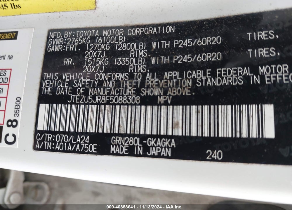 2015 TOYOTA 4RUNNER LIMITED VIN: JTEZU5JR8F5088308