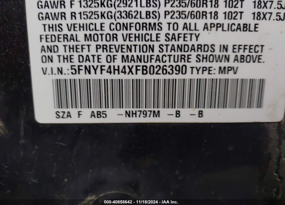 2015 HONDA PILOT EX VIN: 5FNYF4H4XFB026390
