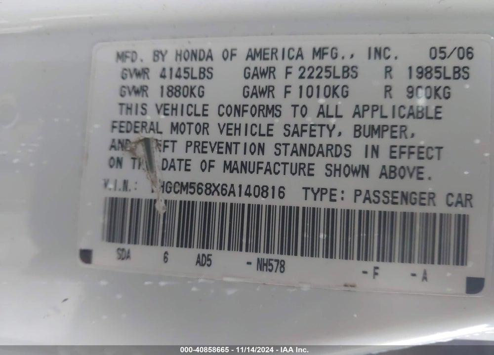 2006 HONDA ACCORD 2.4 EX VIN: 1HGCM568X6A140816