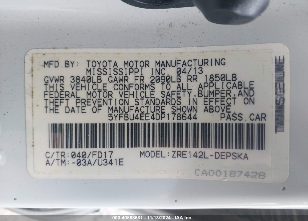 2013 TOYOTA COROLLA S VIN: 5YFBU4EE4DP178644
