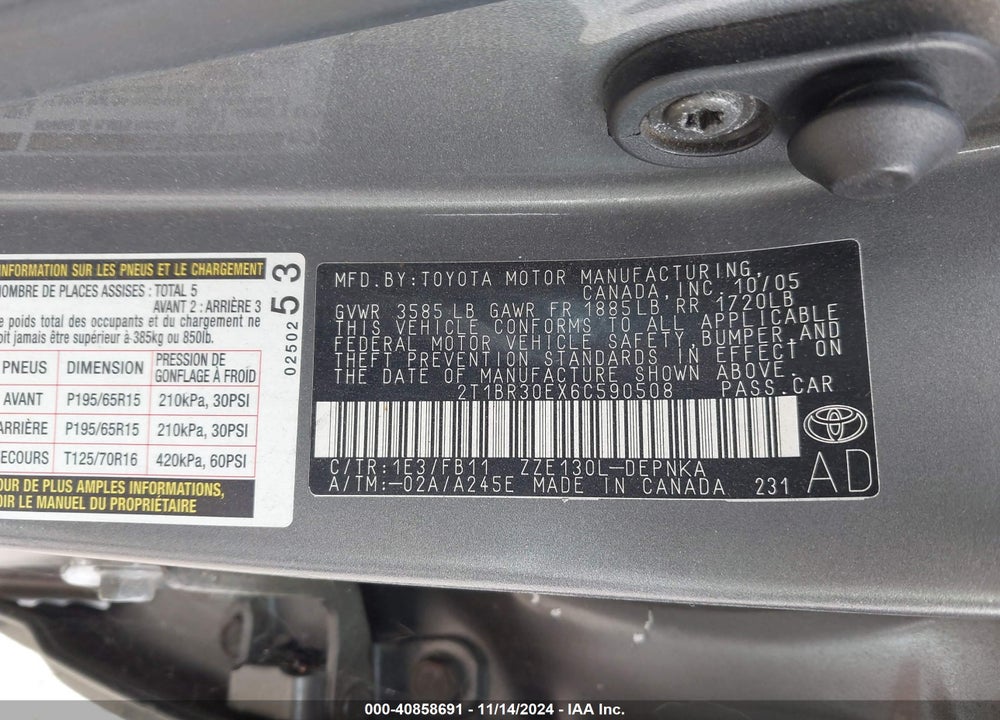 2006 TOYOTA COROLLA LE VIN: 2T1BR30EX6C590508
