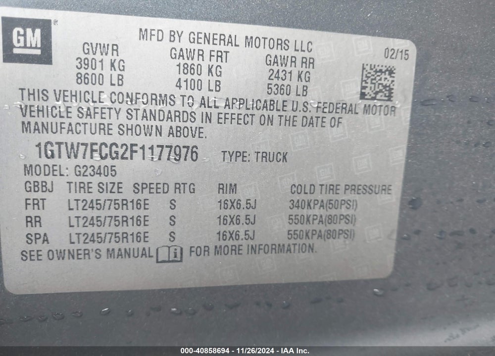 2015 GMC SAVANA 2500 WORK VAN VIN: 1GTW7FCG2F1177976