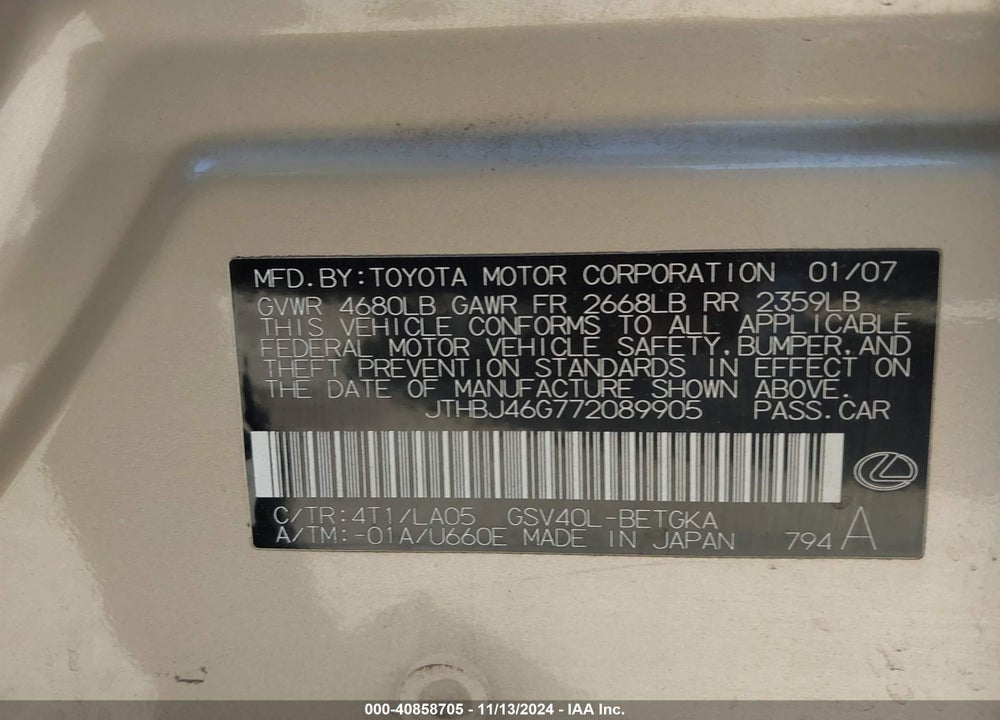 2007 LEXUS ES 350 VIN: JTHBJ46G772089905