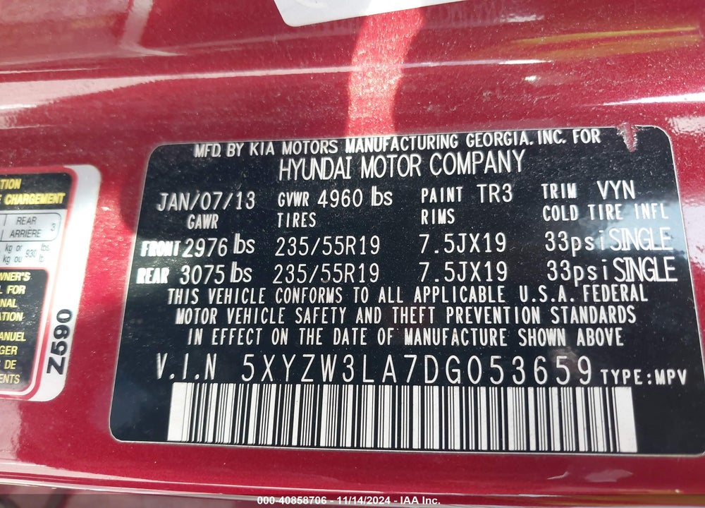 2013 HYUNDAI SANTA FE SPORT 2.0T VIN: 5XYZW3LA7DG053659